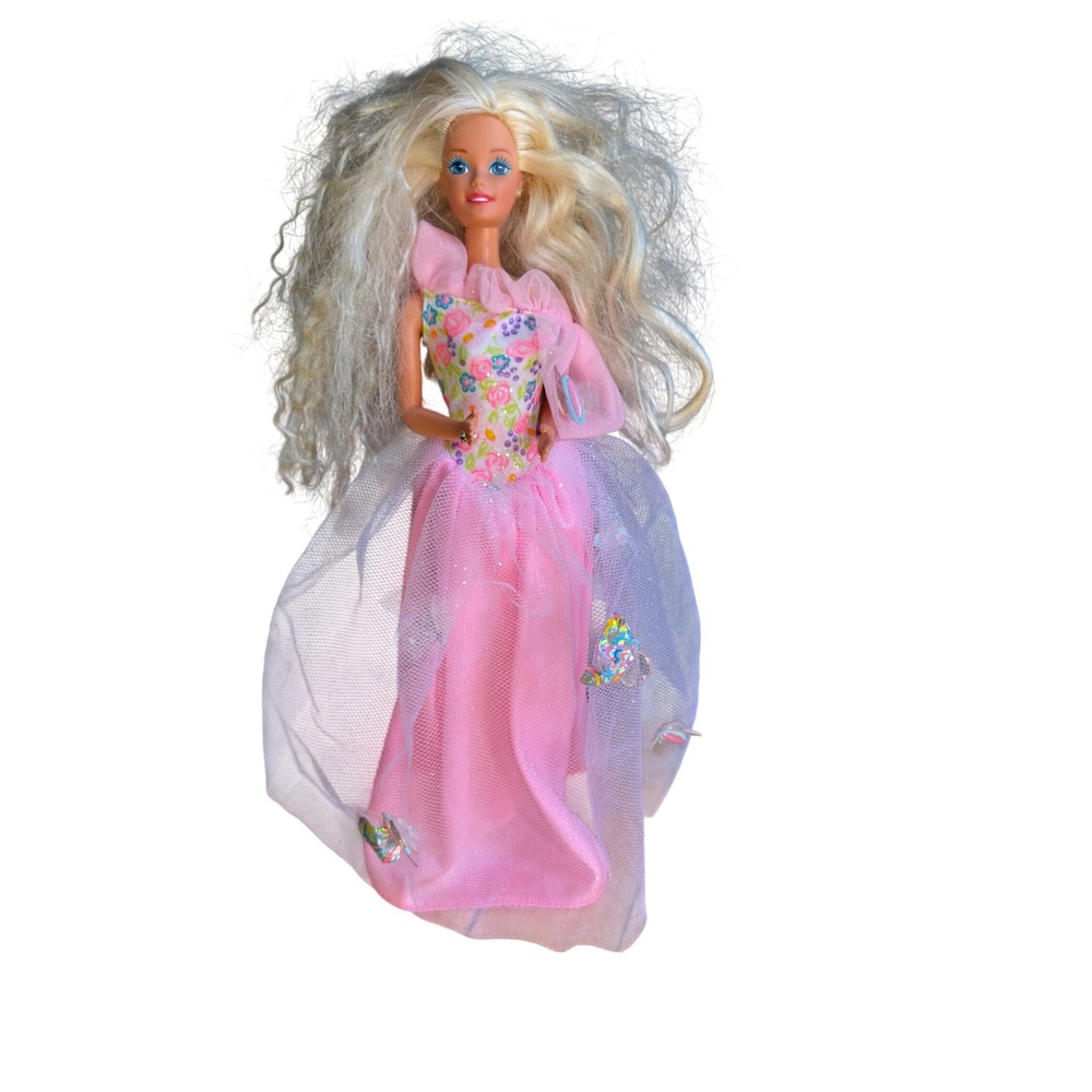 Vintage Mattel Barbie Doll Pink Butterfly Floral Gown Blonde Hair 1966 Malaysia
